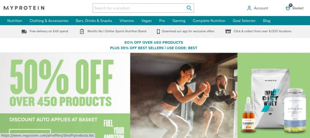 Myprotein.com landing page. Bellow the navigation and on top of the main picture banner, there is a smaller banner with the promotion text, including the promo code.
